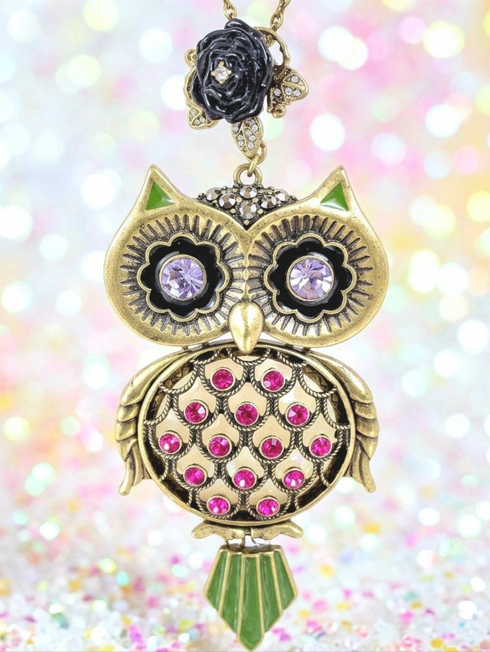 Gold black flower pink Green crystal owl necklace